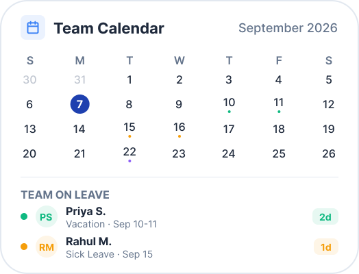 leave team calender card